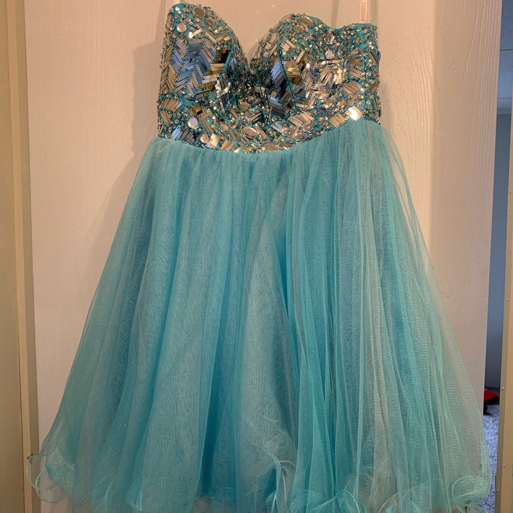 Short Strapless Blue Prom Dress